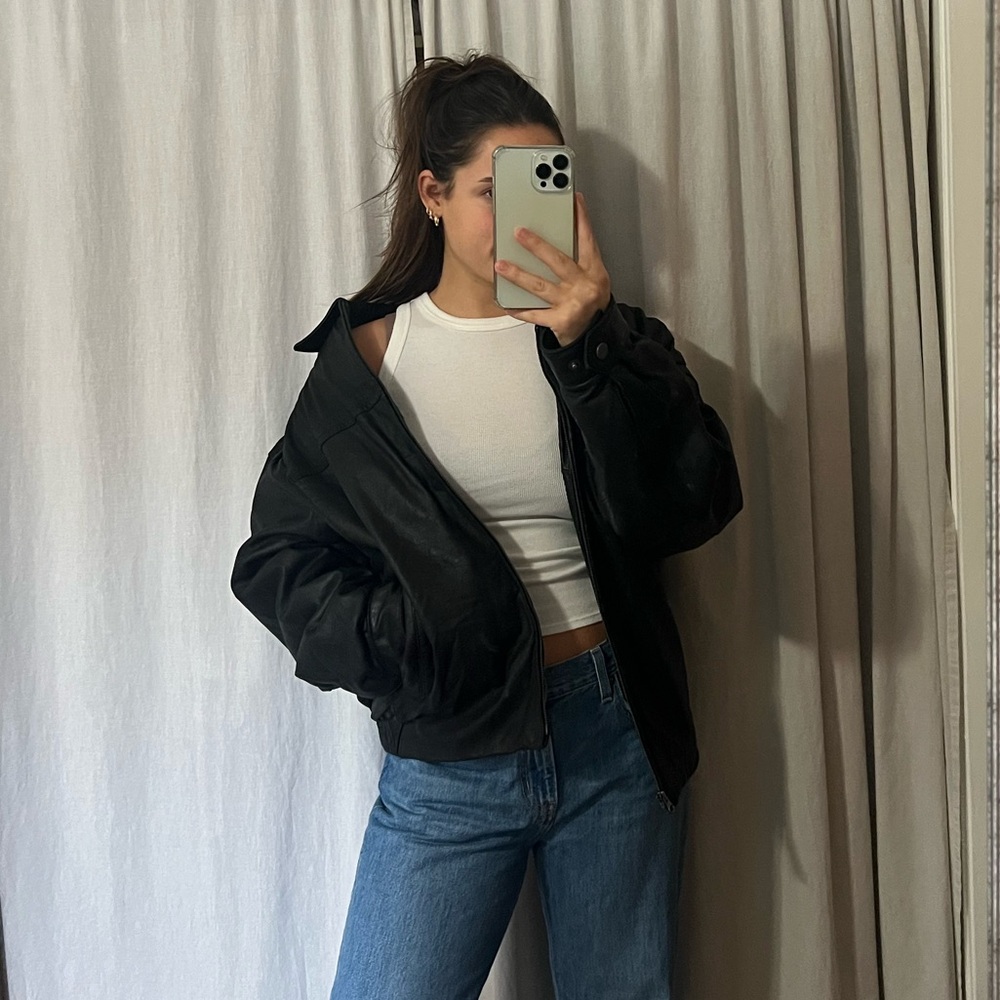 Vintage black leather bomber jacket